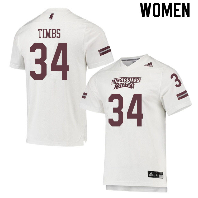 Women #34 Sherman Timbs Mississippi State Bulldogs College Football Jerseys Sale-White